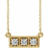 Collier barrette trois pierres en or jaune 14 carats serti de diamants naturels (0,25 carat au total), 40-45 cm (16-18 pouces).