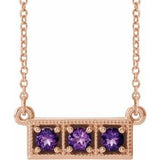 Collier trois pierres en or rose 14 carats et améthyste naturelle, 40-45 cm