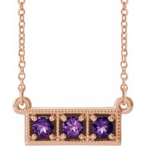 Collier trois pierres en or rose 14 carats et améthyste naturelle, 40-45 cm