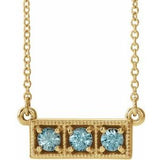 Collier barrette trois pierres en or jaune 14 carats et zircon bleu naturel, 40-45 cm
