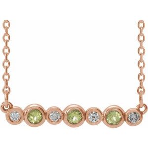 Collier en or 14 carats serti clos de péridot rose naturel et de diamants naturels (0,08 carat au total), 40-45 cm (16-18 pouces).