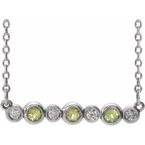 Collier en platine, péridot naturel et diamants naturels (0,08 carat au total), serti clos, 40-45 cm (16-18 pouces).