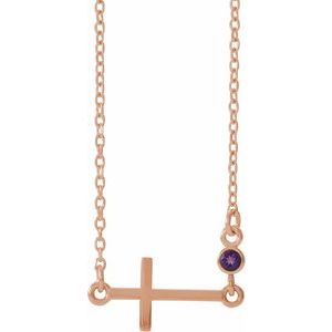 Collier croix latérale en or rose 14 carats et améthyste naturelle, 40-45 cm