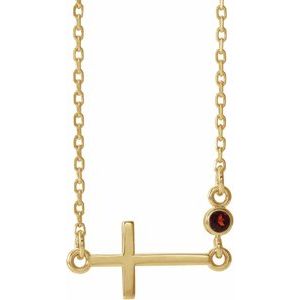 Collier croix latérale en or jaune 14 carats et grenat naturel du Mozambique, 40-45 cm