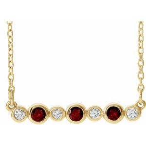 Collier en or jaune 14 carats serti clos de grenat naturel du Mozambique et de diamants naturels (0,08 carat au total), 40-45 cm