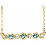 Collier en or jaune 14 carats serti clos d'aigue-marine naturelle et de diamants naturels (0,08 carat au total), 40-45 cm