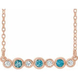 Collier en or rose 14 carats serti clos de zircon bleu naturel et de diamants naturels (0,08 carat au total), 40-45 cm (16-18 pouces).