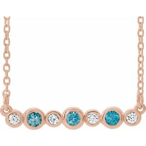 Collier en or rose 14 carats serti clos de zircon bleu naturel et de diamants naturels (0,08 carat au total), 40-45 cm (16-18 pouces).