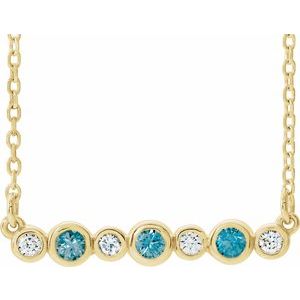 Collier en or jaune 14 carats serti clos de zircon bleu naturel et de diamants naturels (0,08 carat au total), 40-45 cm
