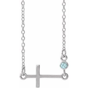 Collier croix latérale en or blanc 14 carats et zircon bleu naturel, 40-45 cm