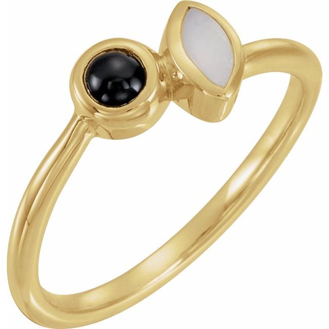 Bague en or jaune 14 carats, opale blanche naturelle et onyx noir naturel