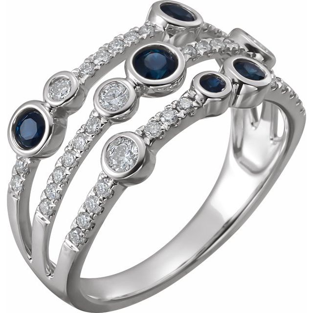 Bague en or blanc 14 carats, saphir bleu naturel et diamants naturels (3/8 carat au total).