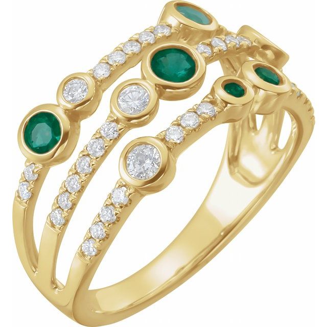 Bague en or 14 carats sertie d'une émeraude naturelle jaune et de diamants naturels (3/8 carat au total).