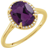 Bague en or jaune 14 carats avec améthyste naturelle de 10 x 8 mm et diamants naturels (0,06 carat au total).