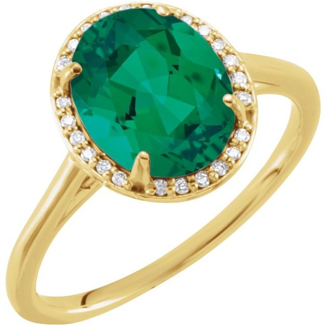 Bague en or jaune 14 carats avec émeraude de laboratoire de 10 x 8 mm et diamants naturels (0,06 carat au total).