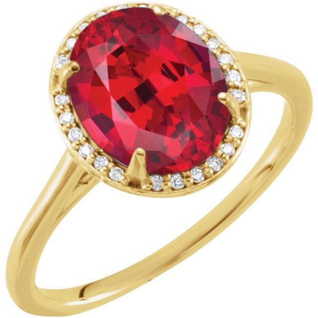 Bague en or jaune 14 carats sertie d'un rubis de laboratoire de 10 x 8 mm et de diamants naturels (0,06 carat au total).