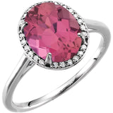 Bague en or blanc 14 carats avec tourmaline rose naturelle de 10 x 8 mm et diamants naturels (0,06 carat au total).