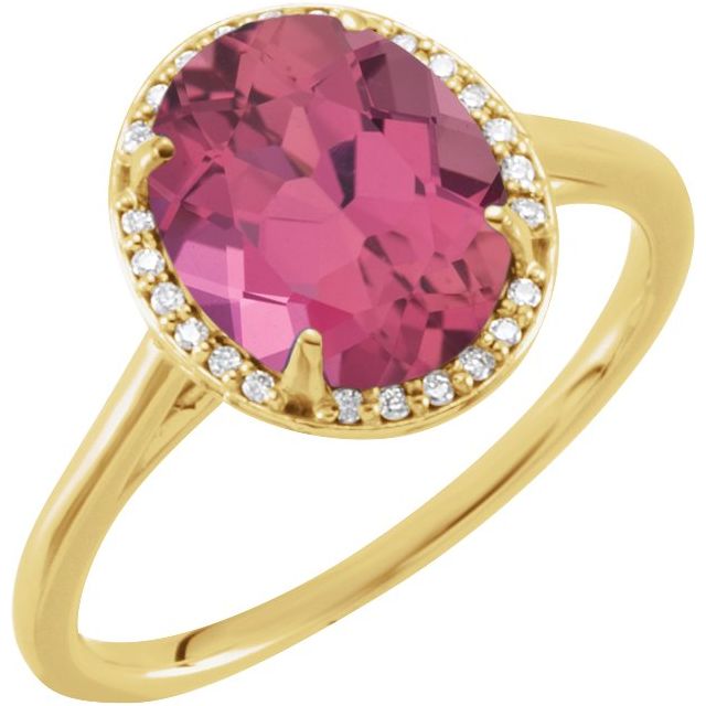 Bague en or jaune 14 carats avec tourmaline rose naturelle de 10 x 8 mm et diamants naturels (0,06 carat au total).