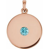 Pendentif disque en or rose 14 carats et zircon bleu naturel