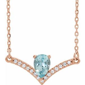 Collier en or rose 14 carats, aigue-marine naturelle et diamants naturels (0,06 carat au total), 45,7 cm (18 pouces).