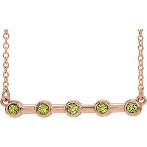 Collier avec pendentif barrette de 45,7 cm (18 pouces) en or rose 14 carats et péridot naturel serti clos.