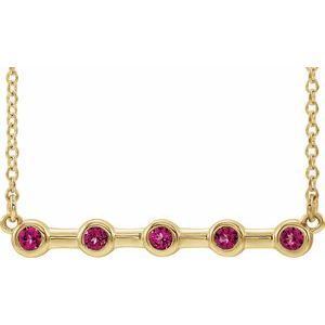 Collier de 40 cm (16 pouces) en or jaune 14 carats serti clos de tourmaline rose naturelle et tourmaline jaune.