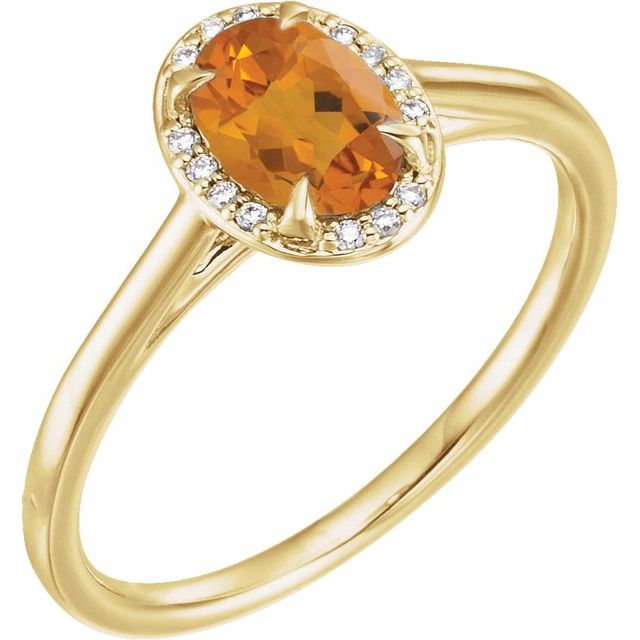 Bague en or jaune 14 carats avec citrine naturelle 7x5 mm et diamants naturels (0,03 carat au total).