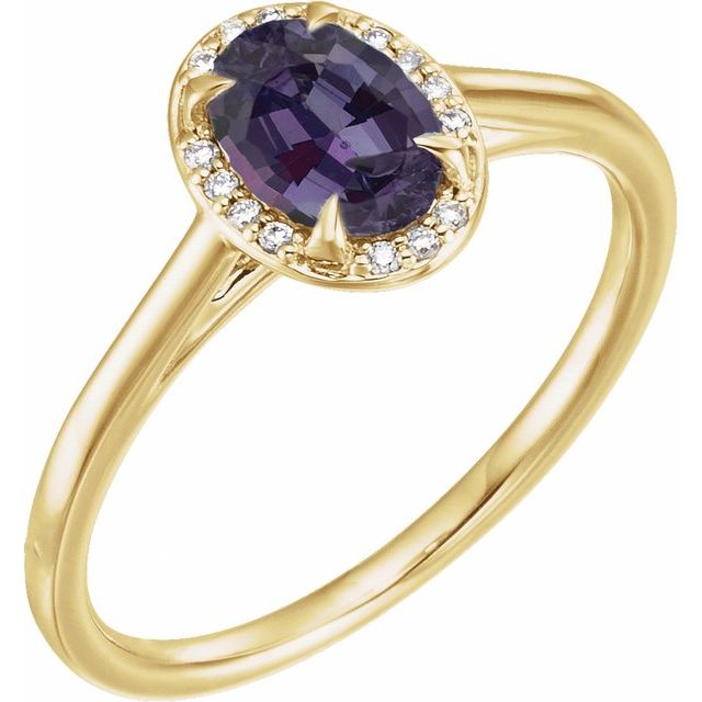 Bague en or jaune 14 carats avec alexandrite de laboratoire de 7 x 5 mm et diamants naturels (0,03 carat au total).