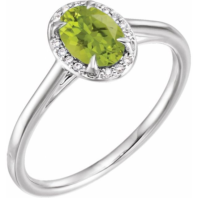 Bague en or blanc 14 carats avec péridot naturel de 7 x 5 mm et diamants naturels (0,03 carat au total).