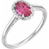 Bague en or blanc 14 carats avec tourmaline rose naturelle 7x5 mm et diamants naturels (0,03 carat au total).