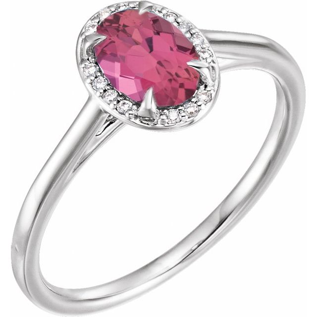 Bague en or blanc 14 carats avec tourmaline rose naturelle 7x5 mm et diamants naturels (0,03 carat au total).