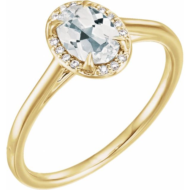 Bague en or jaune 14 carats avec topaze blanche naturelle 7x5 mm et diamants naturels (0,03 carat au total).