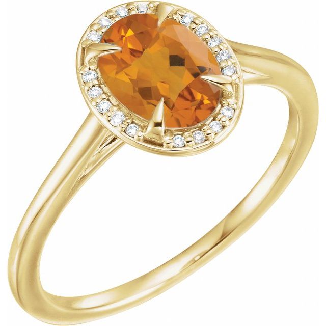 Bague en or jaune 14 carats avec citrine naturelle 8x6 mm et diamants naturels (0,04 carat au total).