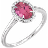 Bague en or blanc 14 carats avec tourmaline rose naturelle 8x6 mm et diamants naturels (0,04 carat au total).