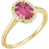 Bague en or jaune 14 carats avec tourmaline rose naturelle de 8 x 6 mm et diamants naturels (0,04 carat au total).