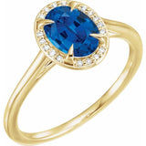 Bague en or jaune 14 carats avec saphir bleu de laboratoire de 8 x 6 mm et diamants naturels (0,04 carat au total).