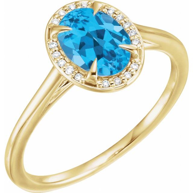Bague en or jaune 14 carats avec topaze bleue suisse naturelle (8 x 6 mm) et diamants naturels (0,04 carat au total).