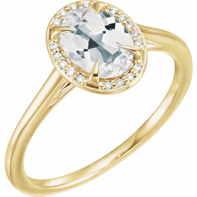 Bague en or jaune 14 carats avec topaze blanche ovale 8x6 mm et diamants (0,05 carat au total).