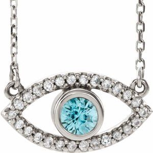 Collier œil protecteur en or blanc 14 carats, zircon bleu naturel et saphir blanc naturel, 40 cm