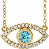 Collier œil protecteur en or jaune 14 carats, zircon naturel et saphir blanc naturel, 40 cm