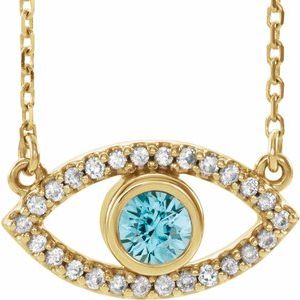 Collier œil protecteur en or jaune 14 carats, zircon naturel et saphir blanc naturel, 40 cm