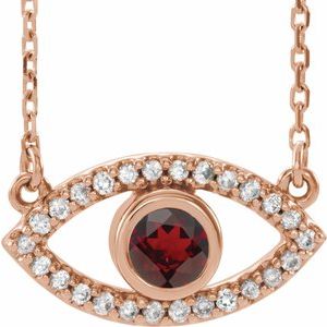 Collier œil protecteur en or rose 14 carats, grenat naturel du Mozambique et saphir blanc naturel, 40 cm