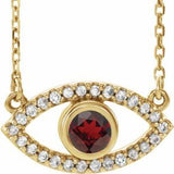 Collier œil protecteur en or jaune 14 carats, grenat naturel du Mozambique et saphir blanc naturel, 40 cm