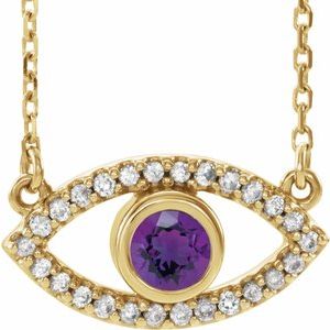 Collier œil protecteur en or 14 carats, améthyste jaune naturelle et saphir blanc naturel, 40 cm