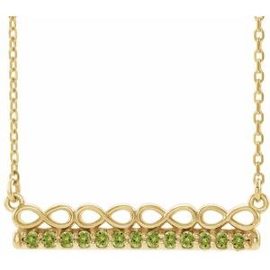 Collier barre 16 pouces en péridot naturel jaune 14 carats, inspiré de l'infini