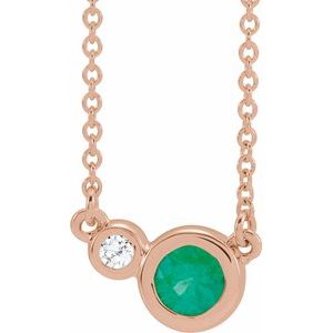 Collier 16 pouces en or rose 14 carats, orné d'une émeraude naturelle et de diamants naturels (0,02 carat au total).
