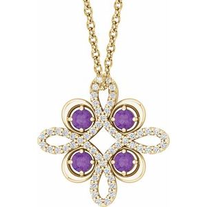 Collier trèfle 18 pouces en or 14 carats, améthyste jaune naturelle et diamants naturels (0,25 carat au total),