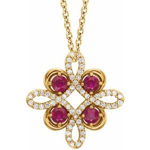 Collier trèfle 18 pouces (45,7 cm) en or 14 carats, rubis de laboratoire jaune et diamants (0,05 carat au total).