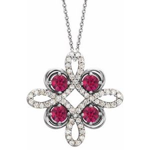 Collier trèfle en platine, tourmaline rose naturelle et diamants naturels (0,1/8 carat au total), 45,7 cm (18 pouces).