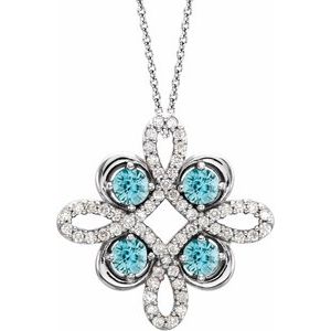 Collier trèfle 18 pouces en or blanc 14 carats, zircon bleu naturel et diamants naturels (0,1/8 carat au total), 45,7 cm (18 pouces).